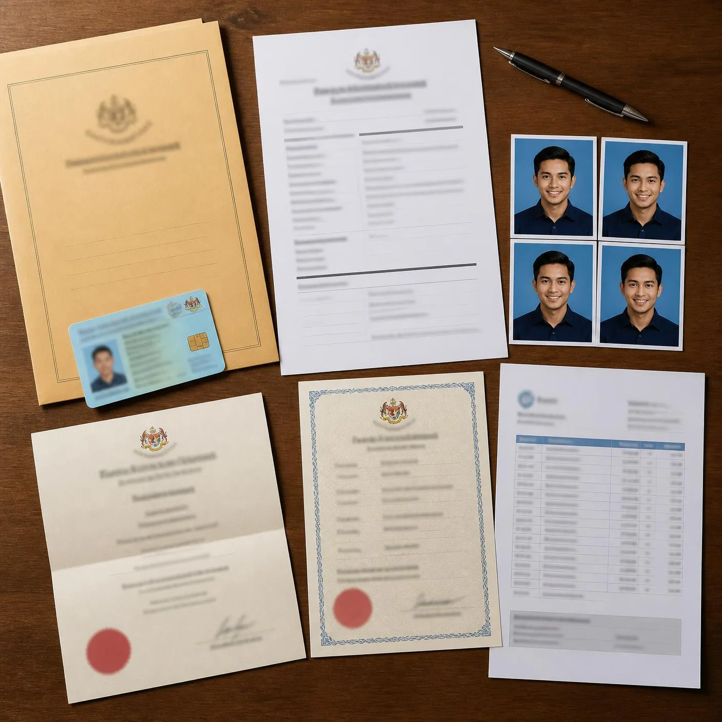 Susunan dokumen permohonan kerja: MyKad, gambar bersaiz passport, sijil dan penyata bank