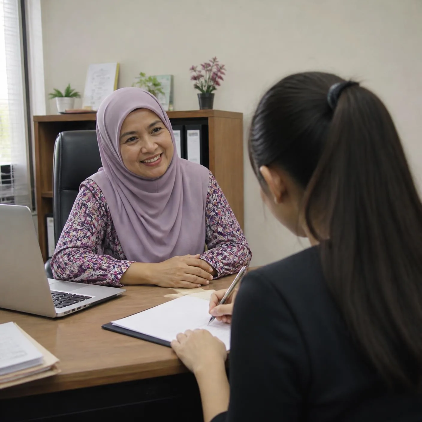 Kakitangan agensi membantu calon mengisi borang permohonan