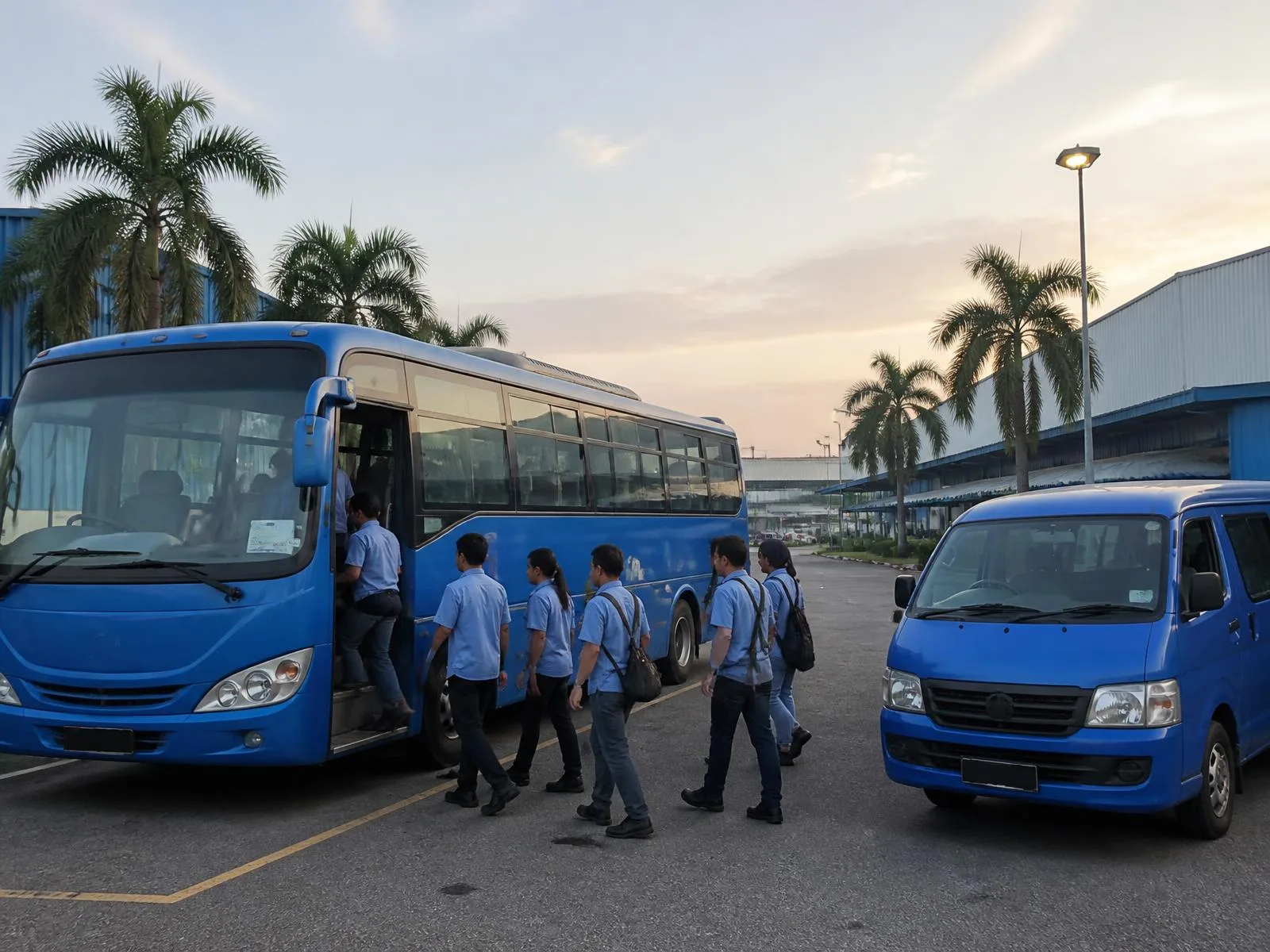 Bas pekerja menghantar pekerja kilang ke tempat kerja pada waktu pagi